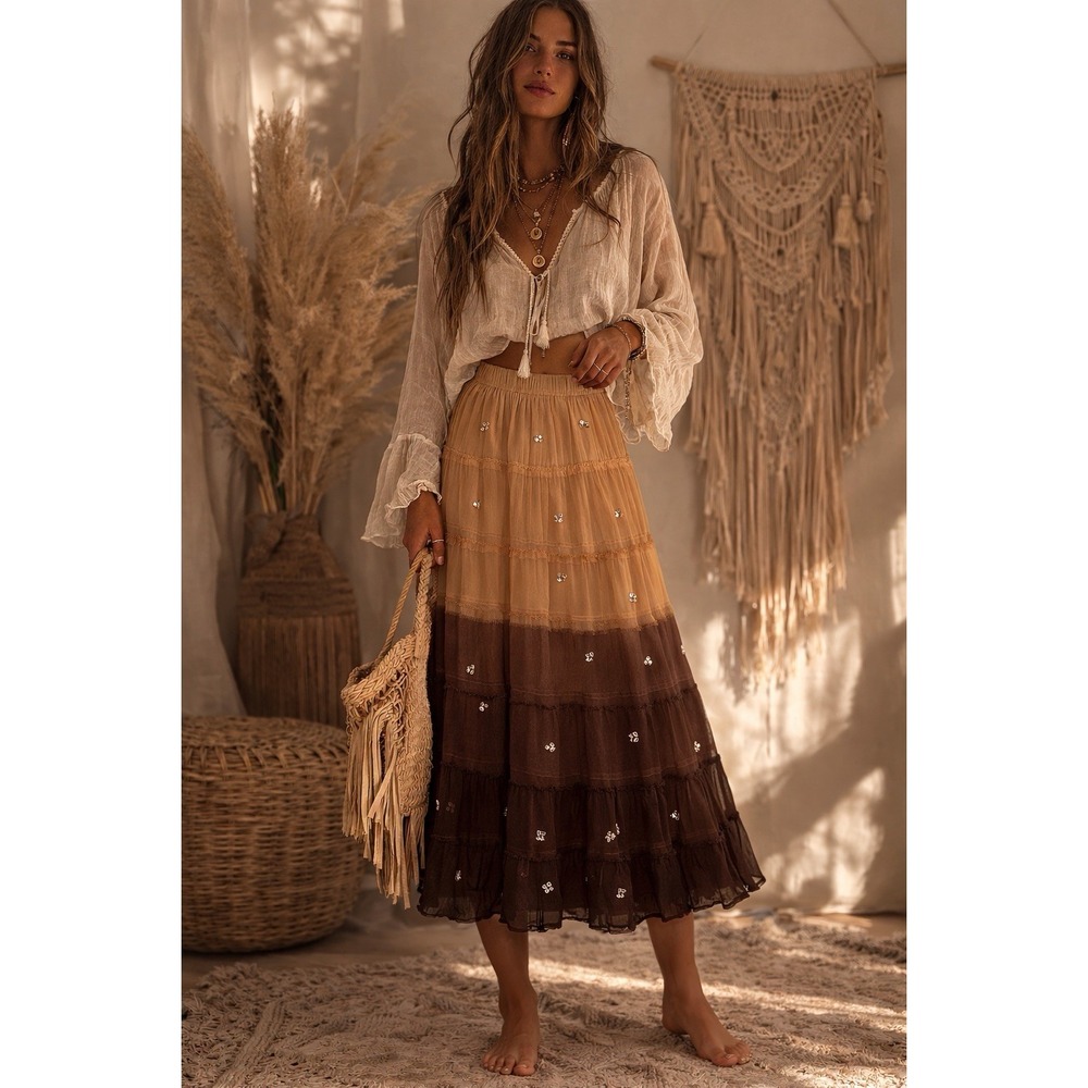Vtg Y2K Sz L/XL? Brown Tan Tiered Midi Skirt Sequins Boho Fairy Hippie (read)
